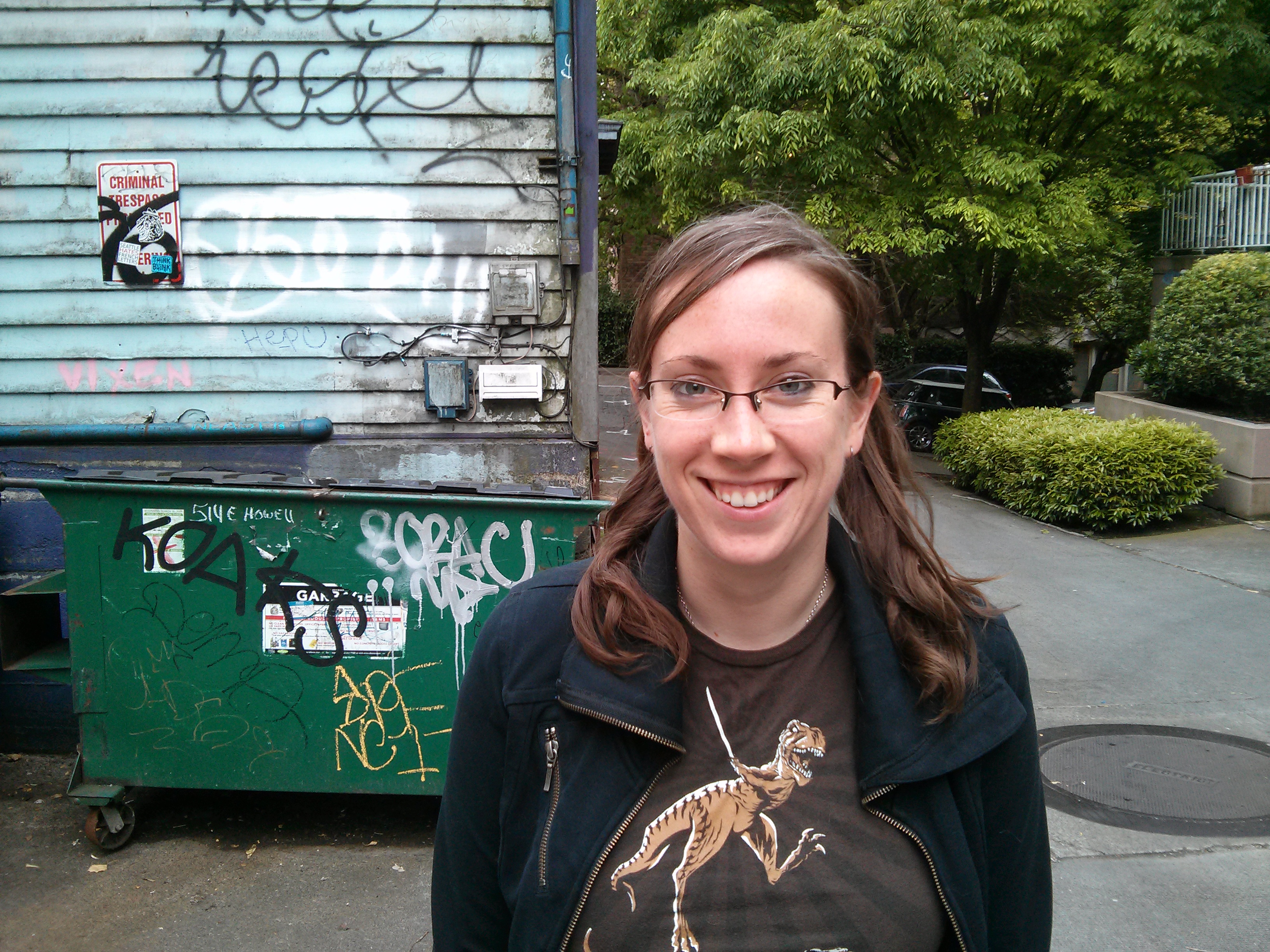 Kathleen near a dumpster, in a nice way